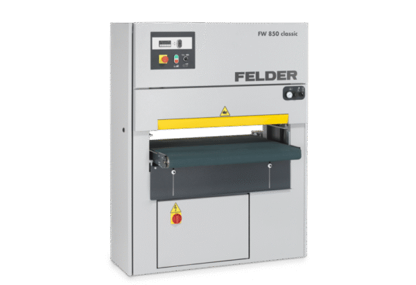 Ponceuse à larges bandes Felder FW 850 classicLargeur de ponçage : 850 mm Hauteur de ponçage : de 3 à 155 mm 2 vitesses d'avance : 4 et 8 m/min Agrégat combiné avec patin de ponçage électropneumatique